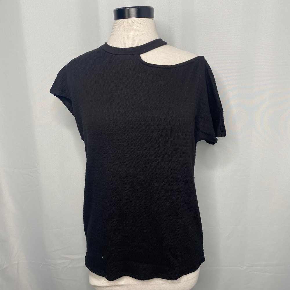 Gibsonlook Womens Black Smocked Knit Cutout Asymmetrical Neck Top Small NEW